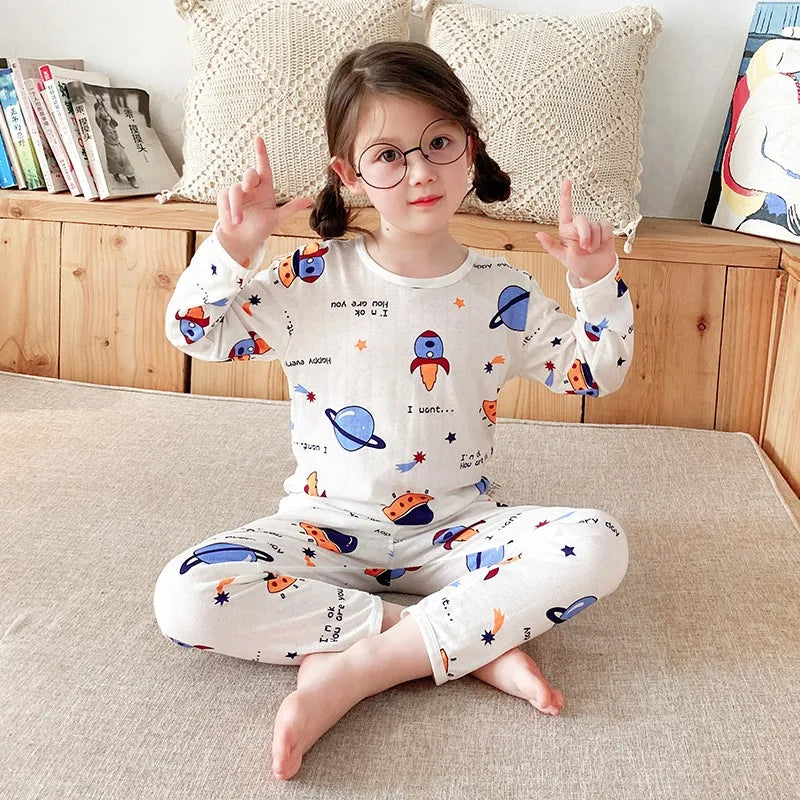 Top+Pants 2-Piece Set Breathable Soft Cotton Pajamas Children Boys Girls Baby Summer Cartoon Long Sleeve Home Sleepwear Set 1-6Y