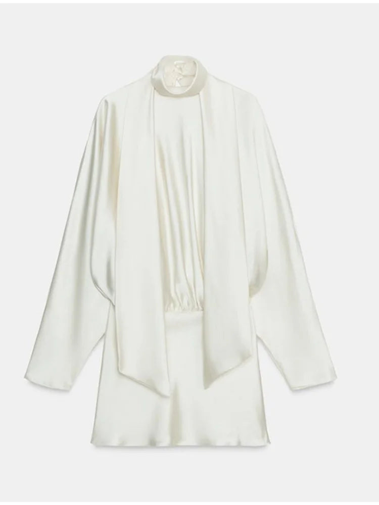 Satin Mini Dress  Scarf Collar Batwing Sleeve