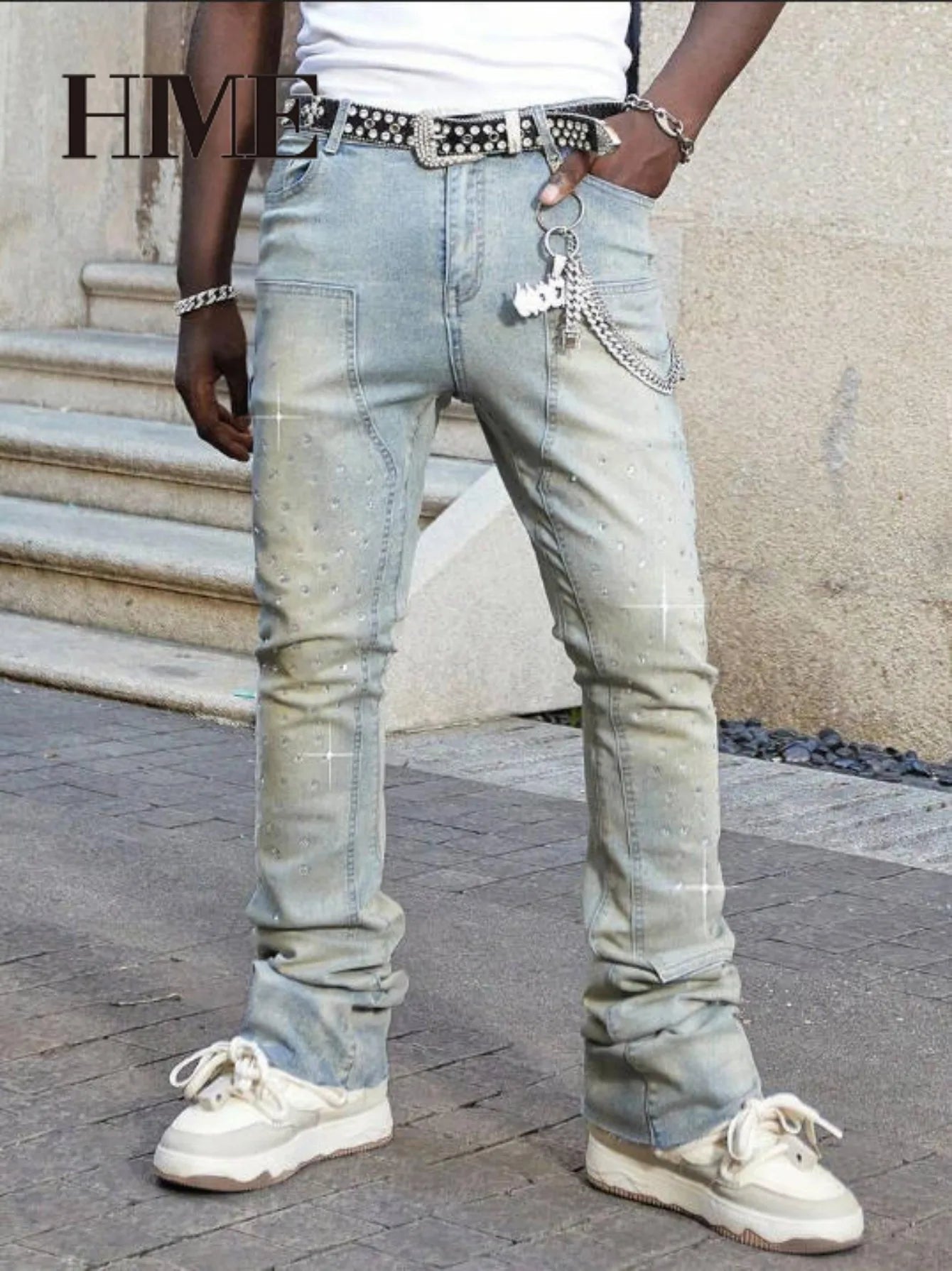 【HME】Men's jeans | Rhinestone Embellished Stacked Flare Denim pants for men, light vintage washed denim trousers with full‑body hot‑fix rhinestones, contrast stitching, multi‑pocket construction fashion streetwear m