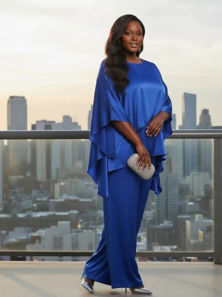 Plus Size Round Neck Cape Sleeve Top + Wide Leg Pants Suit For Women Formal Banquet Evening Party Two Piece Matching Outfit