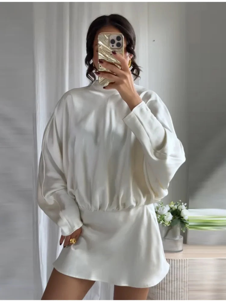 Satin Mini Dress  Scarf Collar Batwing Sleeve