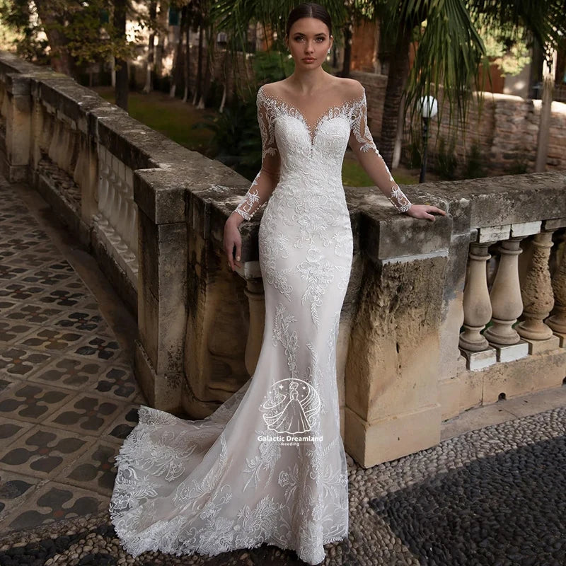 Galactic Wedding Dresses Illusion Backless Full Sleeves Lace Appliqued Crystal White