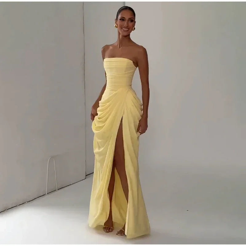 Solid Pleated Strapless Women's Dress Backless Off-shoulder