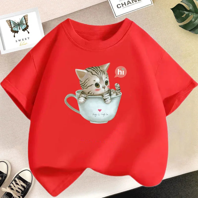 Cat Girls T Shirt Clothes Girls Animal Children T-Shirt Kids Summer Cat Lively Cute Funny Baby T Shirts Tops 2023