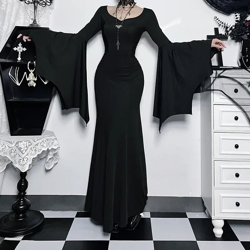 Halloween Costume Women Batwing Sleeve Floor Dress Black Gothic Evil Terror