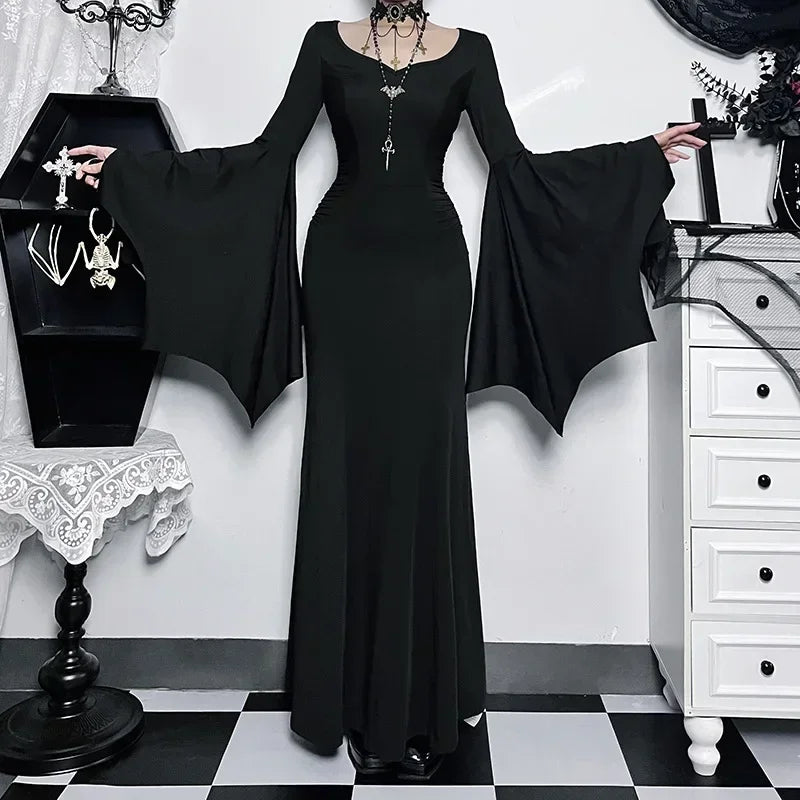 Halloween Costume Women Batwing Sleeve Floor Dress Black Gothic Evil Terror