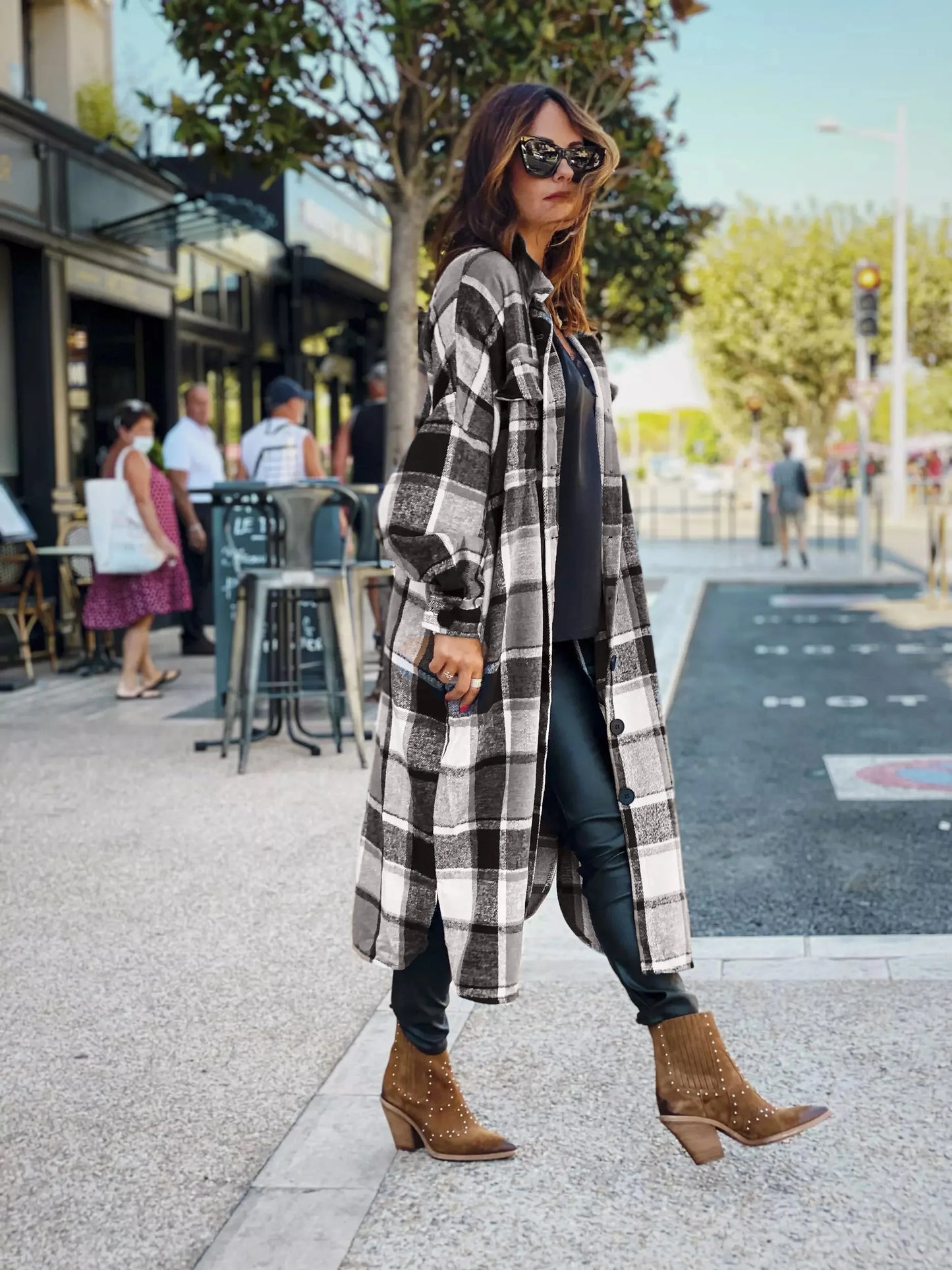 Women Coat Plaid Print Long Maxi Button Coats