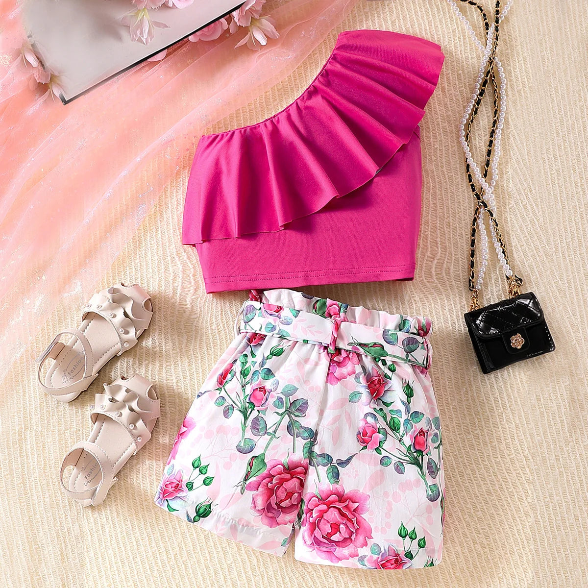 2PCS Kid Girl Clothing Set Off-Shoulder Top+Flower Shorts With Bow Summer Sense Of Design Siut For Child Girl 3-10 Years