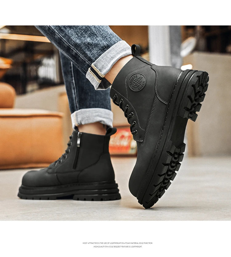 New autumn and winter men's boots rain boots high-top fashion side zipper motorcycle boots men's outdoor warm booties lacing 46