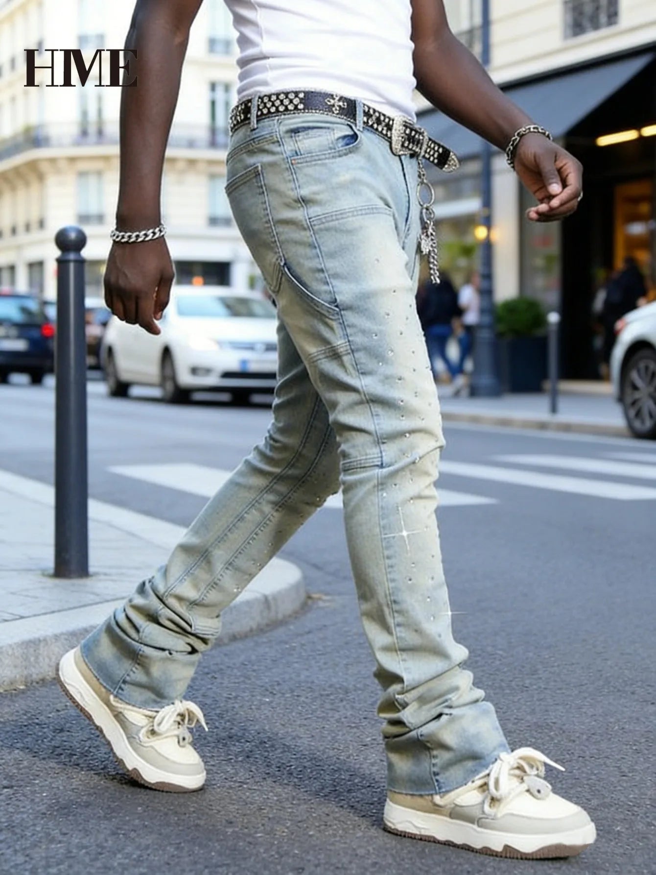 【HME】Men's jeans | Rhinestone Embellished Stacked Flare Denim pants for men, light vintage washed denim trousers with full‑body hot‑fix rhinestones, contrast stitching, multi‑pocket construction fashion streetwear m