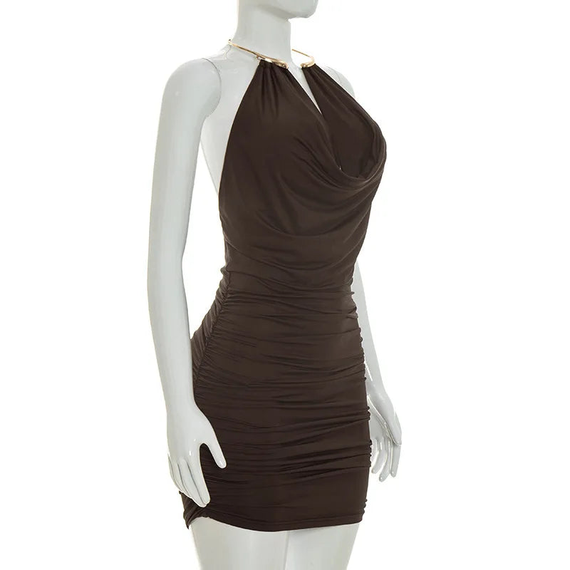 Metal Ring Halter Dress Cowl Neck Bodycon