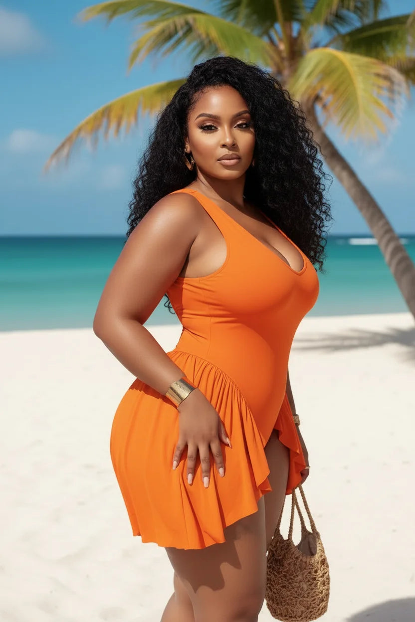 Plus Size V Neck Ruffle Swimsuit