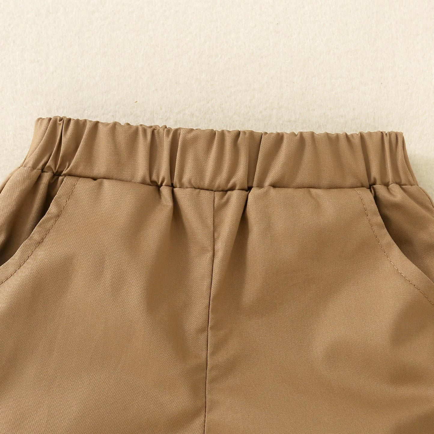 2PCS Spring and Summer Boy Short Sleeve Open Collar Spliced Shirt Decorative Drawstring Shorts Skin Friendly Cotton Shirt