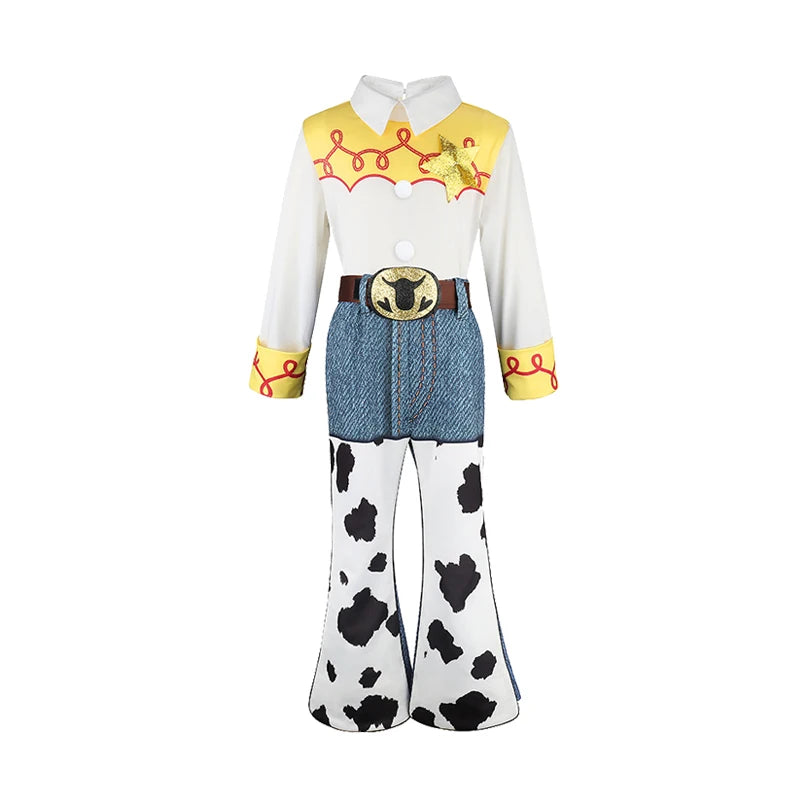 2026 Jessie Cowgirl Costume 2 Piece Set Sleeve shirt Cow Print Flared Pants Kids Cosplay Outfit