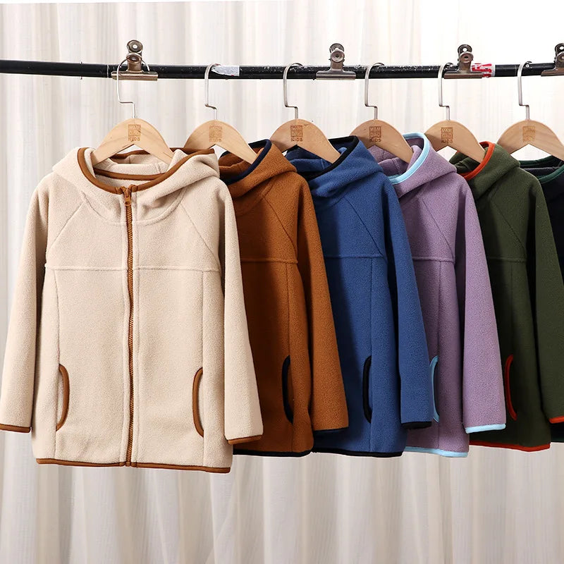 Children's Fleece Jacket Autumn Winter Casual Warm Teen Boys Girls Hooded Outerwear Anti-Static Windproof Cozy Kids Tops Clothes
