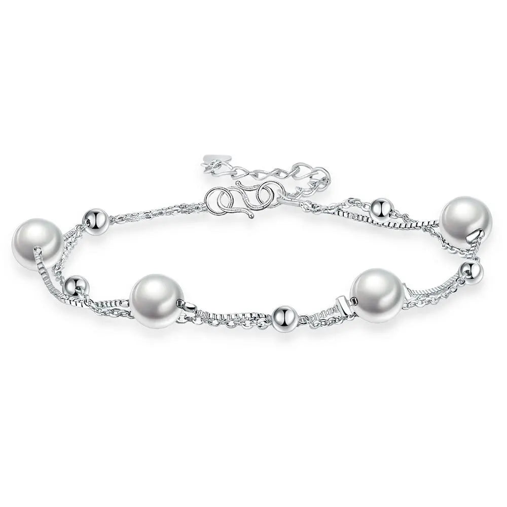 925 Sterling Silver Bracelet Double Chain Pearl Beads