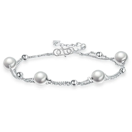 925 Sterling Silver Bracelet Double Chain Pearl Beads