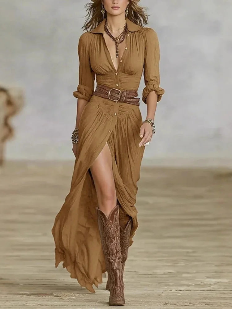 V Neck Belted Slim Pleated Long Dress  Slit Bohemian