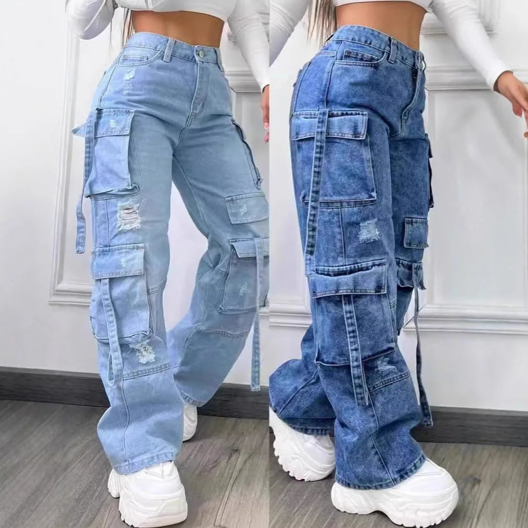 Plus Size Women's High Waist Cargo Denim