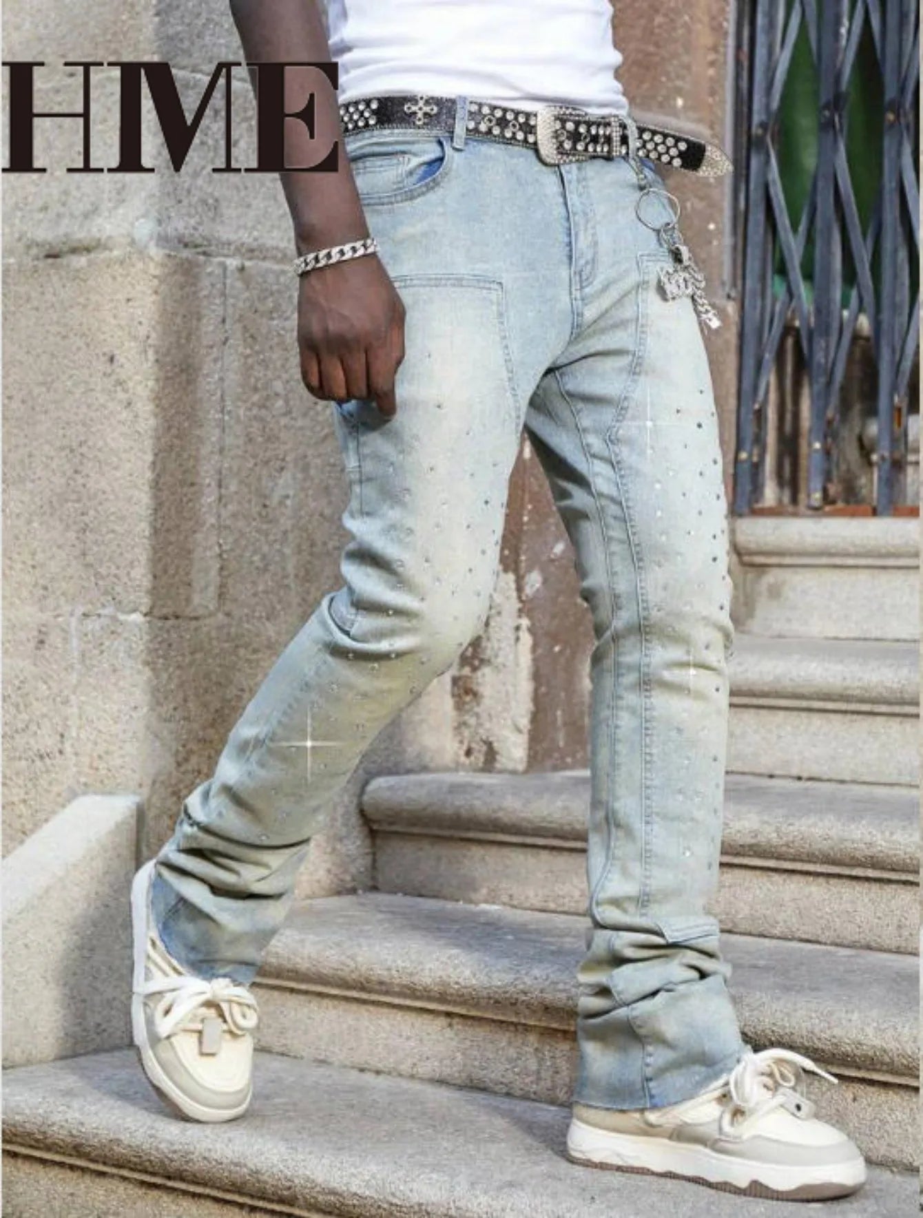 【HME】Men's jeans | Rhinestone Embellished Stacked Flare Denim pants for men, light vintage washed denim trousers with full‑body hot‑fix rhinestones, contrast stitching, multi‑pocket construction fashion streetwear m