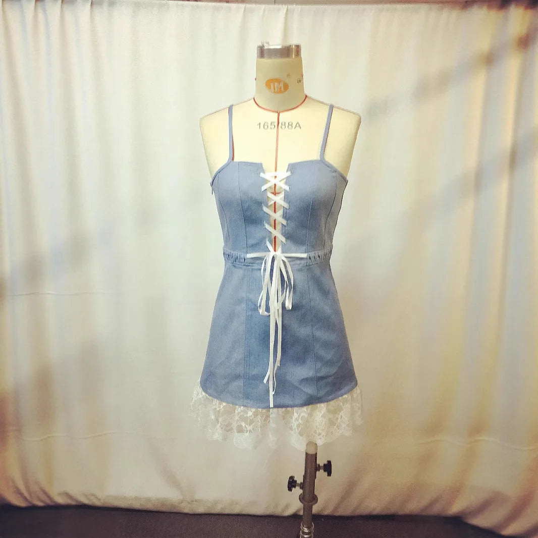 Sexy Lace Denim Sleeveless Suspenders Patchwork Women's Mini Dress Fashionable Lace Ruffle Elegant Women's A-Line Mini Dress