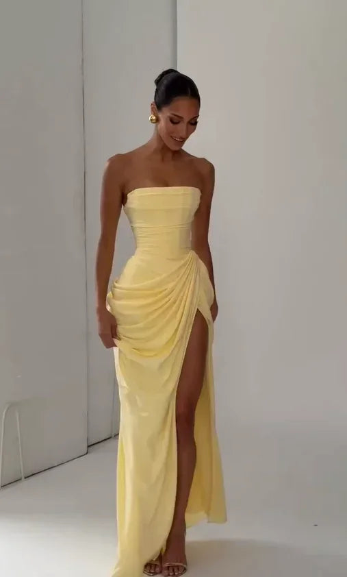 Solid Pleated Strapless Women's Dress Backless Off-shoulder