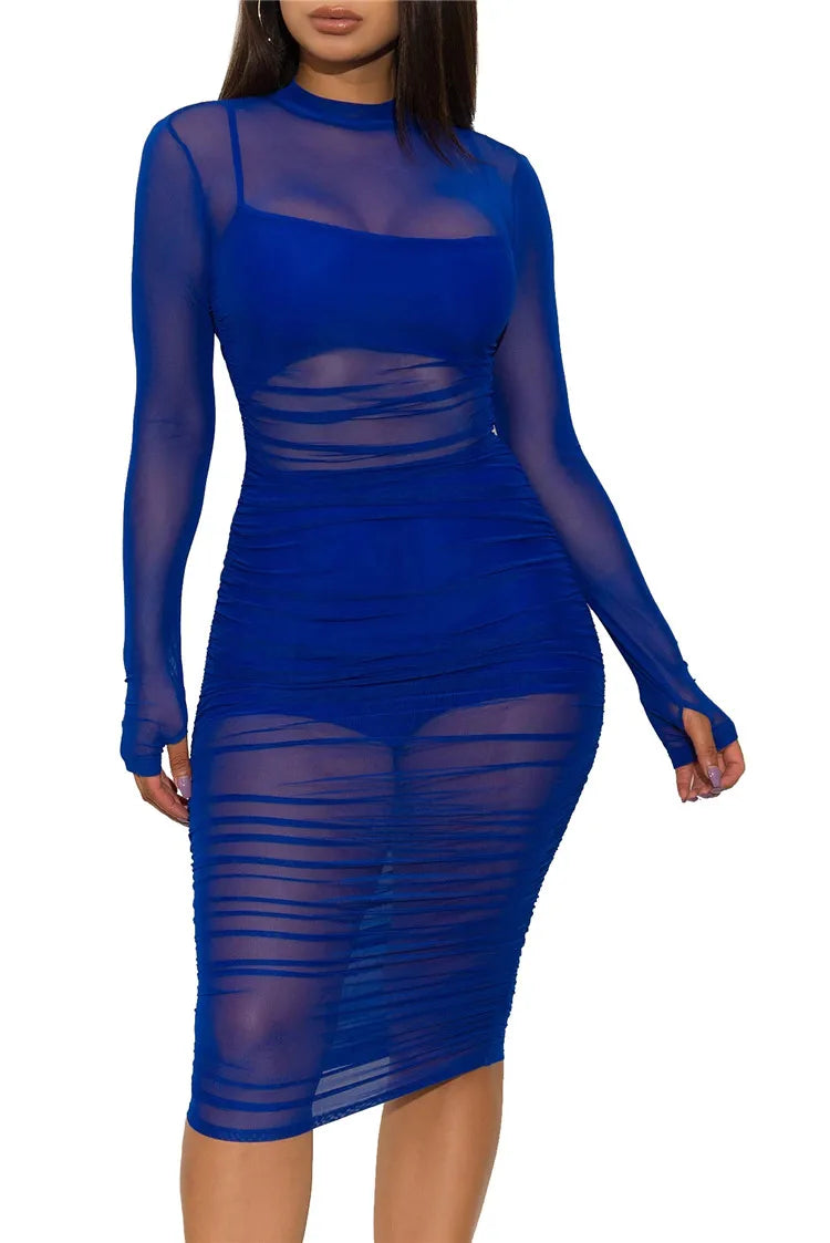 Women Mesh See Through 3 Piece Set Bodycon Ruched