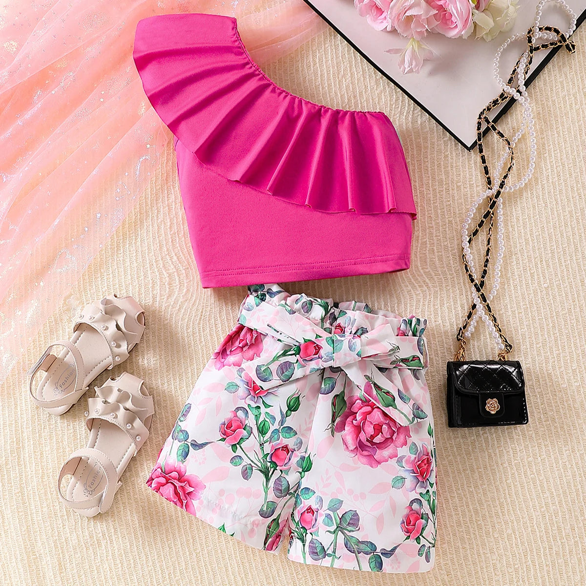 2PCS Kid Girl Clothing Set Off-Shoulder Top+Flower Shorts With Bow Summer Sense Of Design Siut For Child Girl 3-10 Years