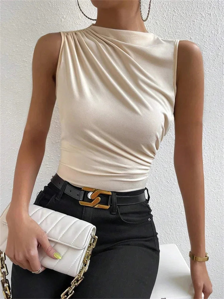 Mock Neck Ruched Tank Top for Women Summer 2024 Solid Color Pleated Sleeveless Tee Shirt Tshirt Streetwear Y2K