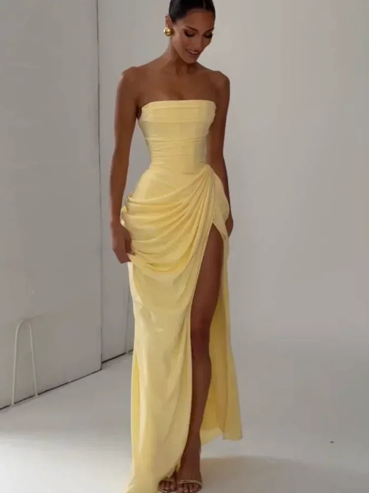 Solid Pleated Strapless Women's Dress Backless Off-shoulder
