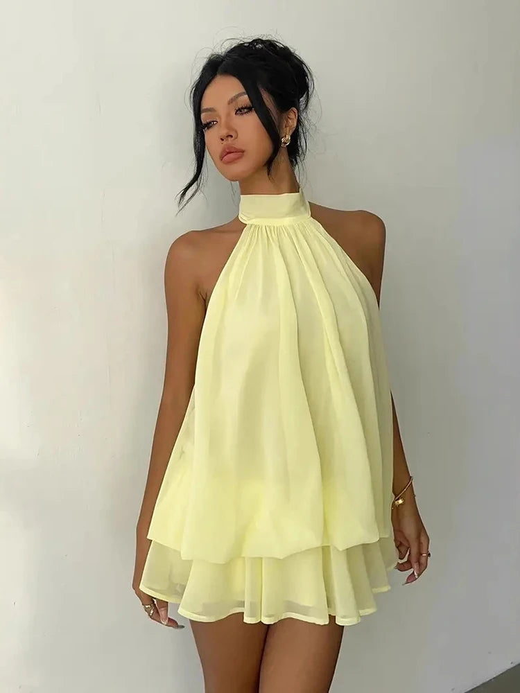 Halter Neck Backless Tie Mini Dress