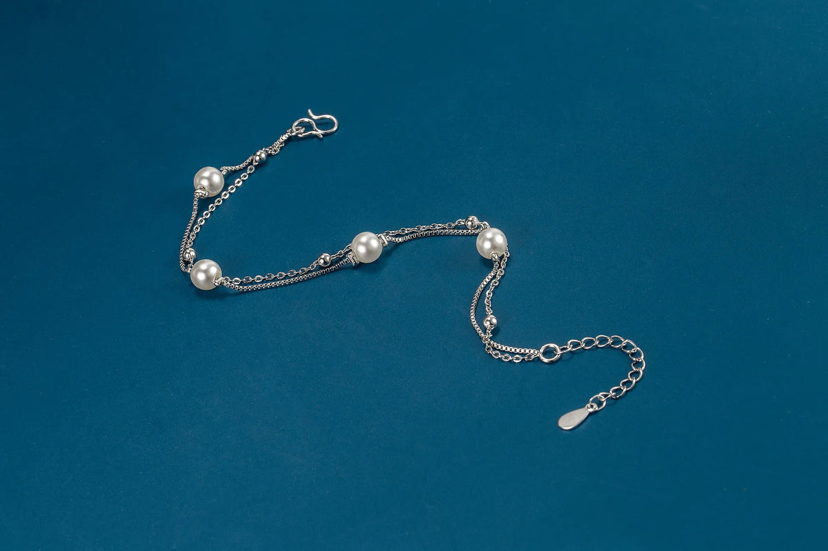 925 Sterling Silver Bracelet Double Chain Pearl Beads
