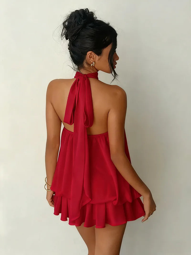 Halter Neck Backless Tie Mini Dress