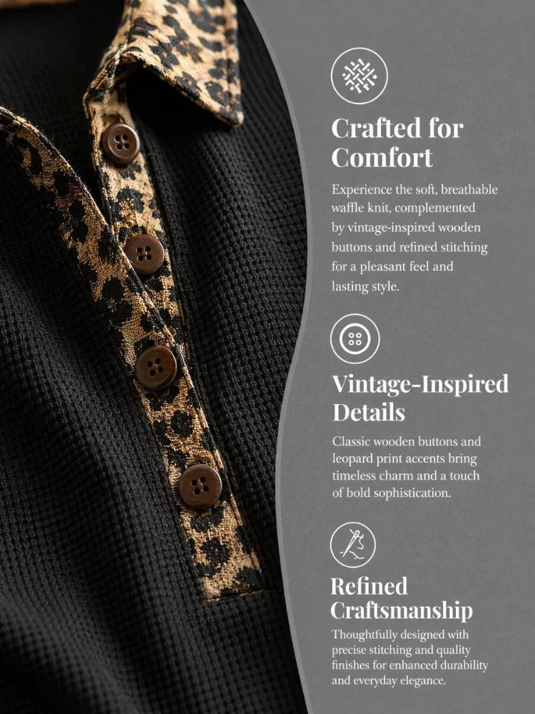 Lady's Commuting Leopard Embroidered Plaid Knit Top Dress - Lady's Henry Collar Long-Sleeved Side-Opening Cotton Blended Casual Straight-Tee Shirt Dress