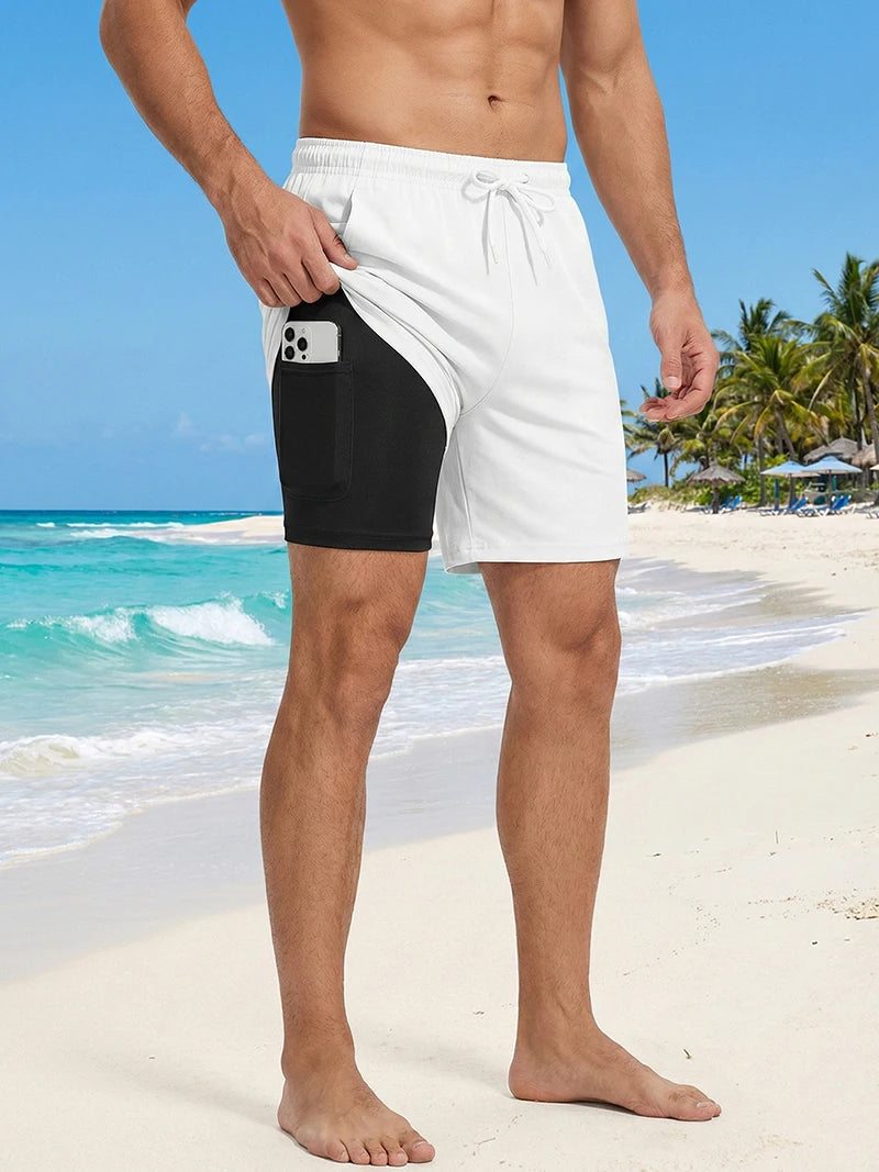 Mens Swim Trunks with Compression Liner Phone Pocket
