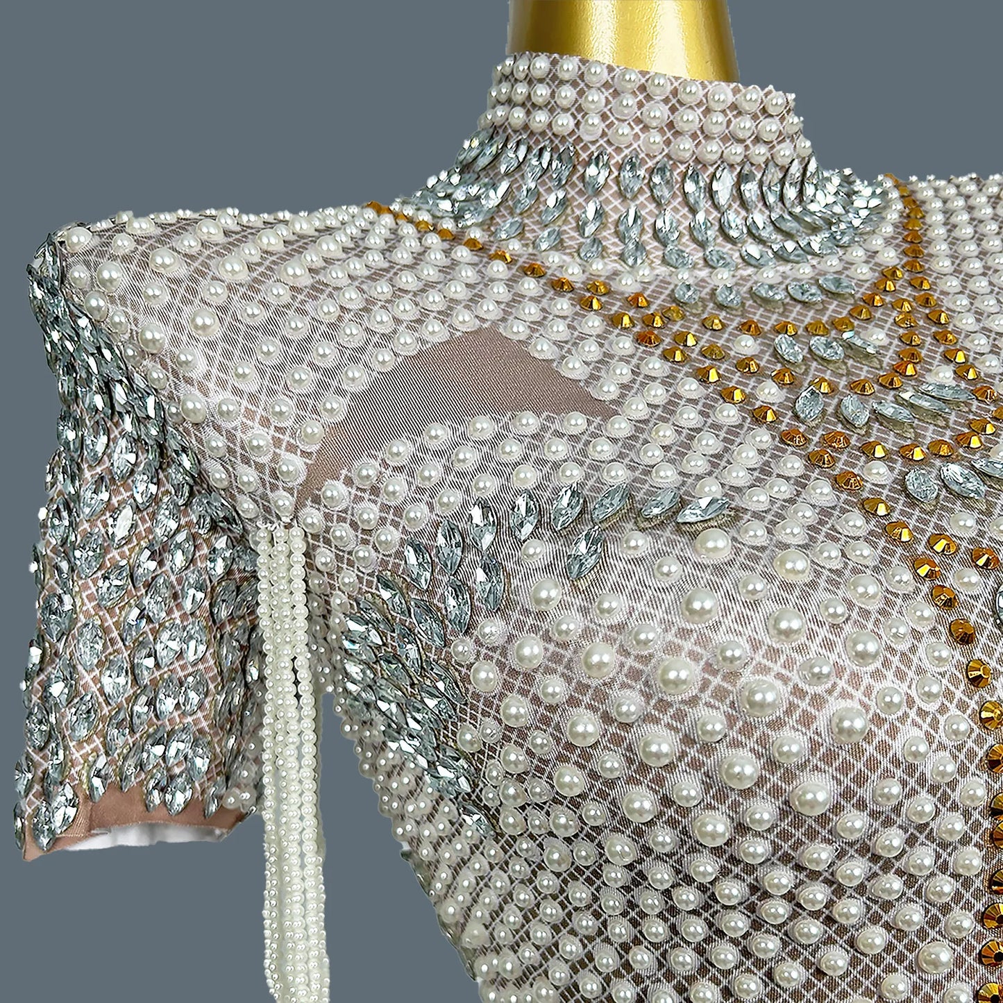 White Beaded Pearls Leotard Women Birthday Party Bodysuits