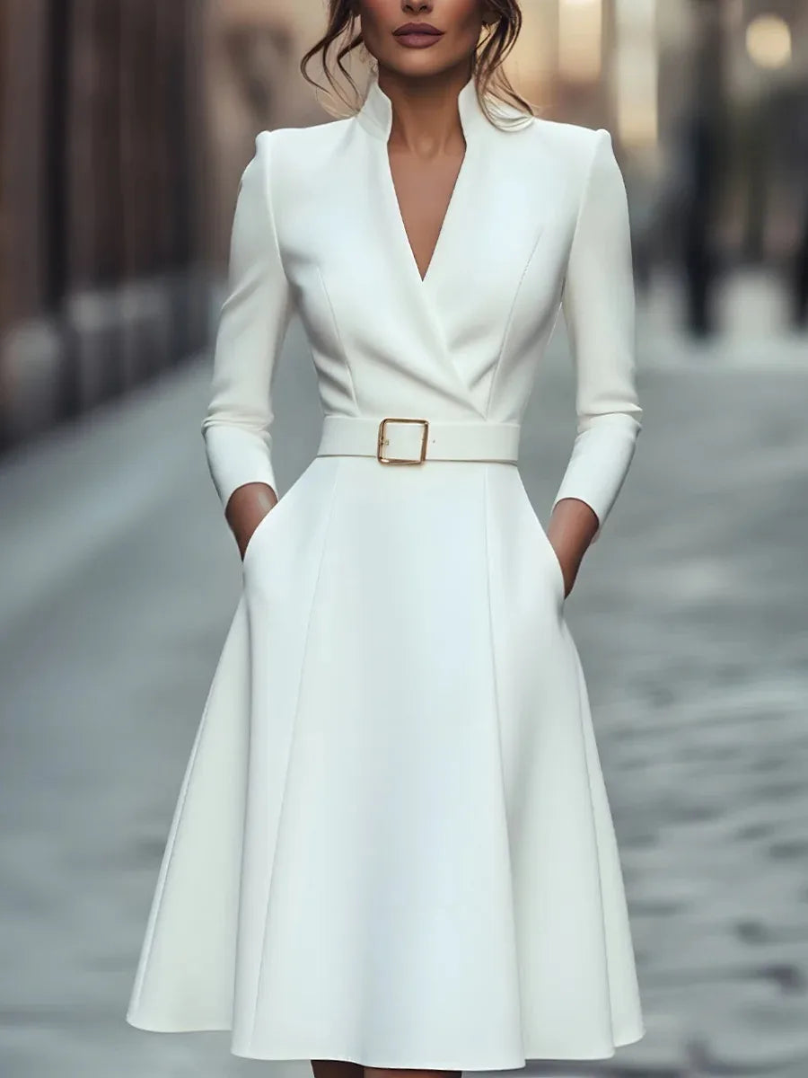 solid color V-neck waist-cinching long-sleeved  dress with a wide skirt for women