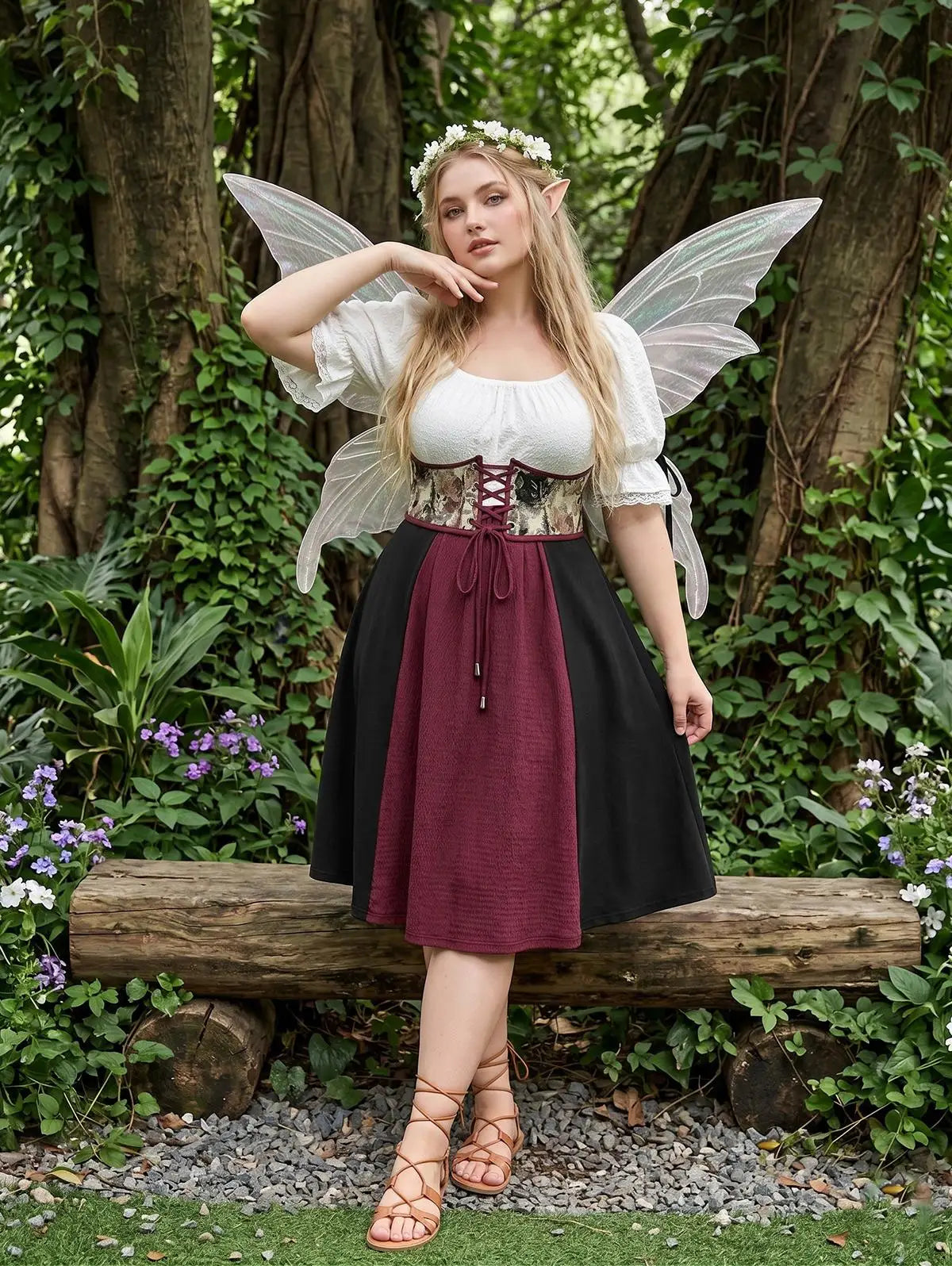 Plus Size Medieval Renaissance Dress Lace-up Corset Grommets Ruffles Lace Trim Dress Victorian Halloween Cosplay Costume