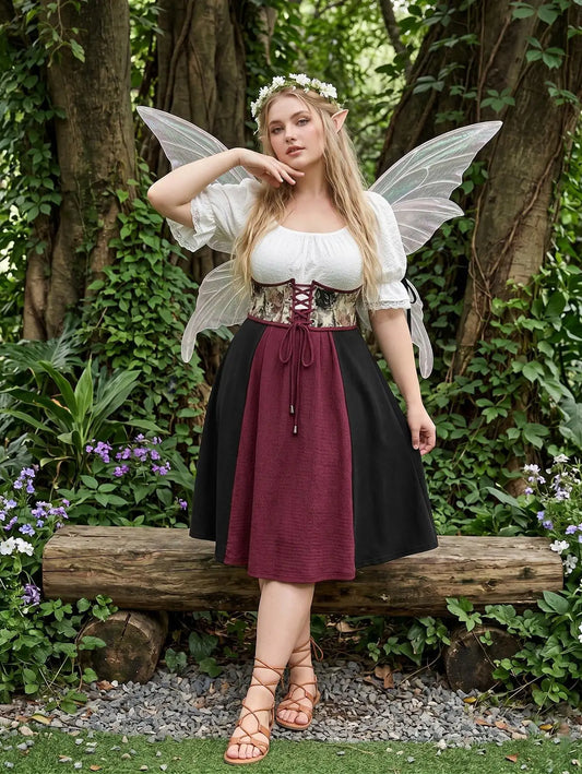 Plus Size Medieval Renaissance Dress Lace-up Corset Grommets Ruffles Lace Trim Dress Victorian Halloween Cosplay Costume