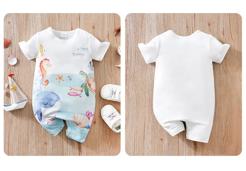 Newborn Clothing Cute Cartoon Marine Animal Print Comfortable And Soft 0-18 Boys And Girls Summer Short Sleeved Baby Jumpsuit