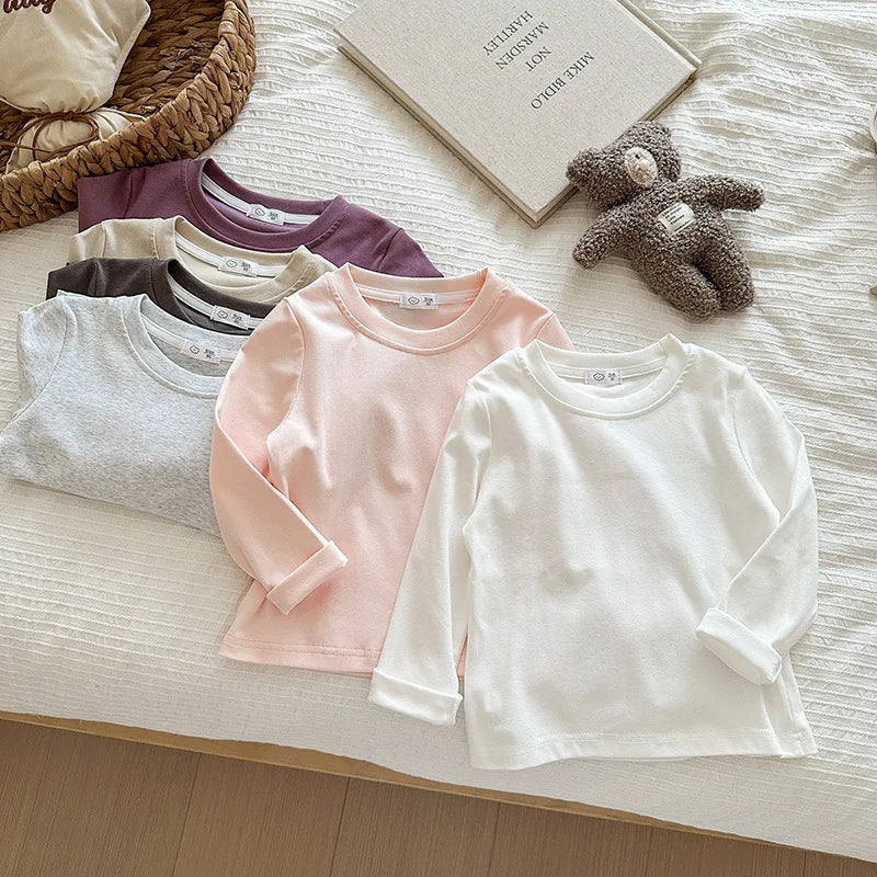 6 Colors Autumn Long Sleeve Tees Children's T-shirt Cotton Solid Color Base Coat Leisure Wear Boys Girls Tops Kids Clothes
