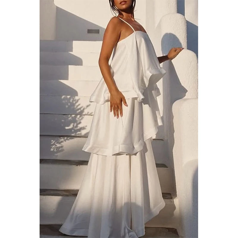 Multicolored Pleated  Maxi Dress  Spaghetti Strap Ruffle Tiered Flowy