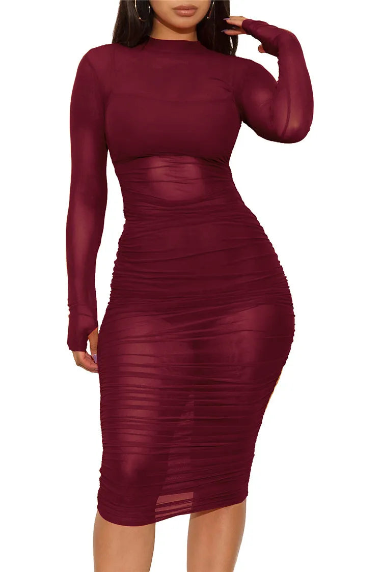 Women Mesh See Through 3 Piece Set Bodycon Ruched