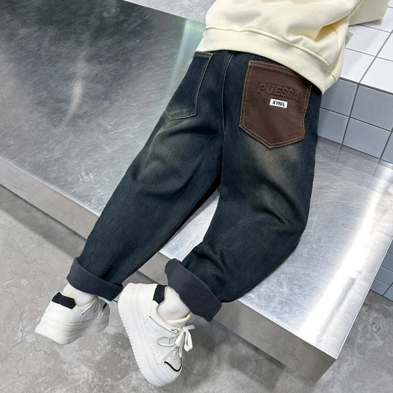 Retro Dark Blue Winter Warm Jeans  Thickened Insulated Denim Pants