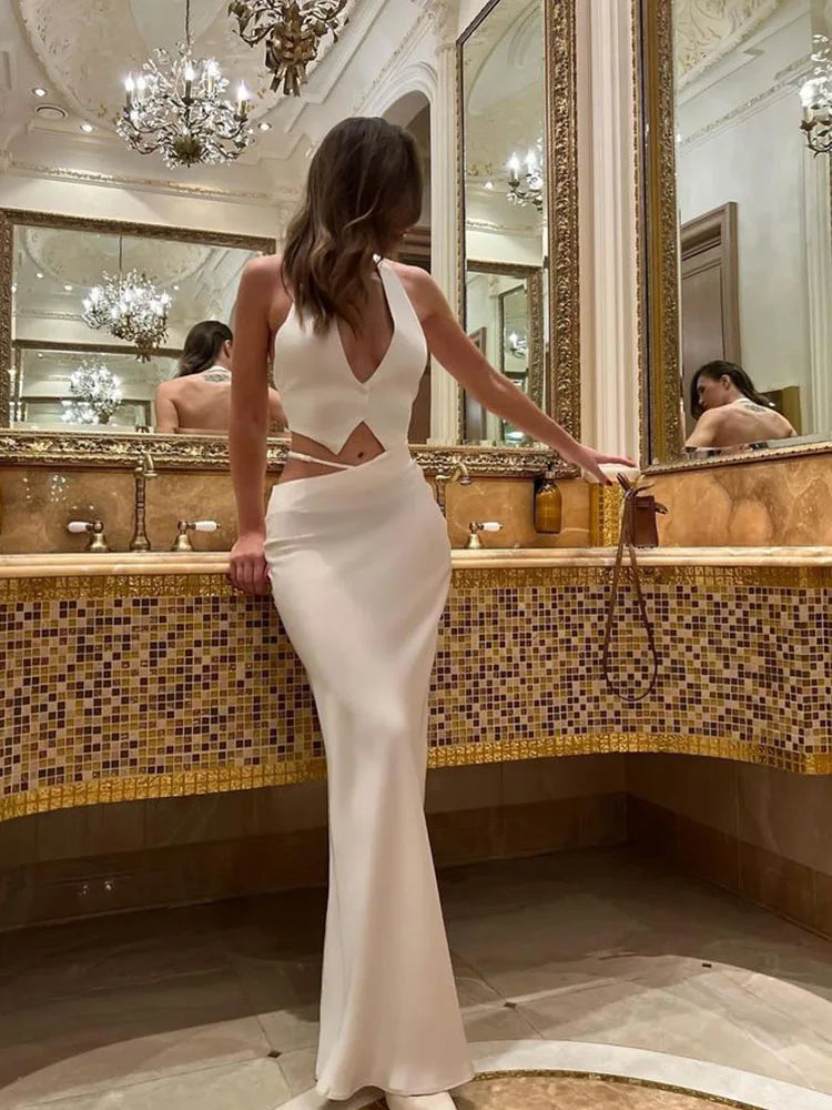 Solid Sleeveless Backless V-Neck Tracksuits (Tops+Long Skirts)Matching 2 Pieces