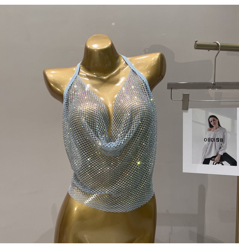 Women's Summer 2023 Sexy Rhinestone Solid Color Camisole Tie Backless Bandage Corset Top Fashion Peplum