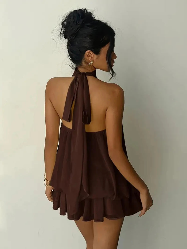 Halter Neck Backless Tie Mini Dress