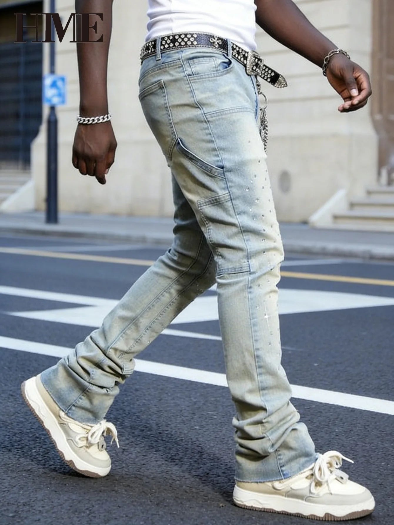 【HME】Men's jeans | Rhinestone Embellished Stacked Flare Denim pants for men, light vintage washed denim trousers with full‑body hot‑fix rhinestones, contrast stitching, multi‑pocket construction fashion streetwear m