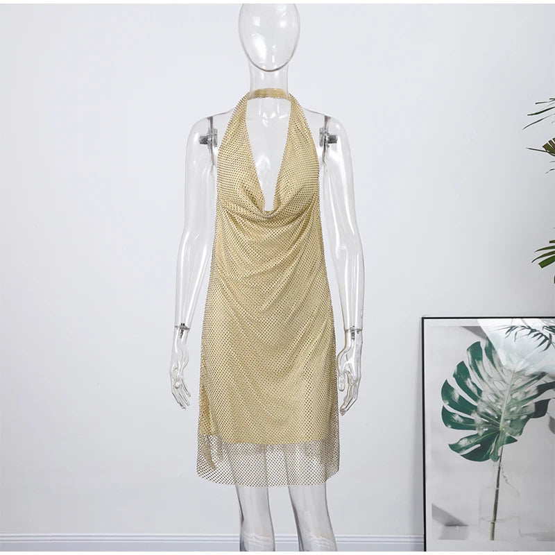 Diamond Halter Backless V Neck Dress