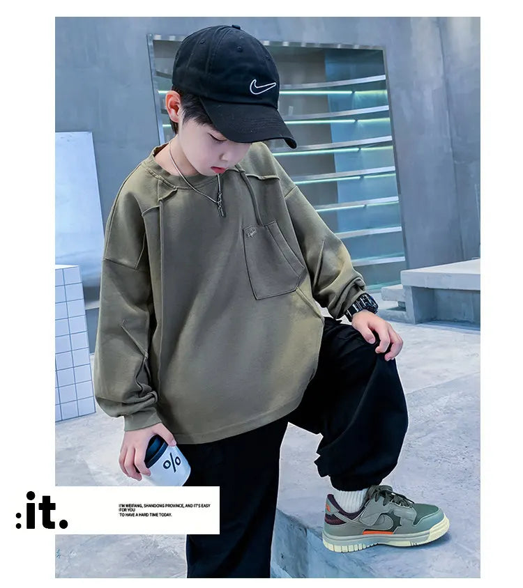 New Boys Sweatshirts 8 10 12 14Years Old Children Pullover Cotton Long Sleeve Korean Clothes Spring Fall Casual Sweatshirts Tops